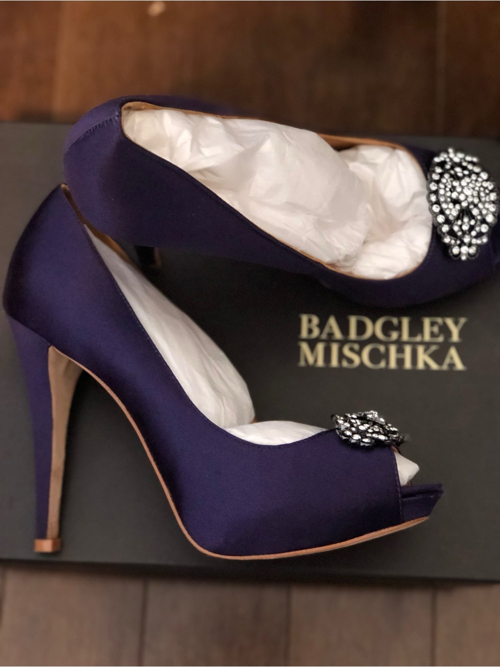 Badgley Mischka Purple Satin Crystal-Embellished Peep-Toe Pumps